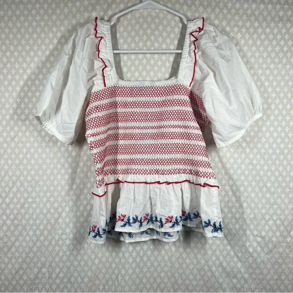 Draper James NWT White Red Camellia‎ Embroidered Peplum Top - Picture 6 of 7